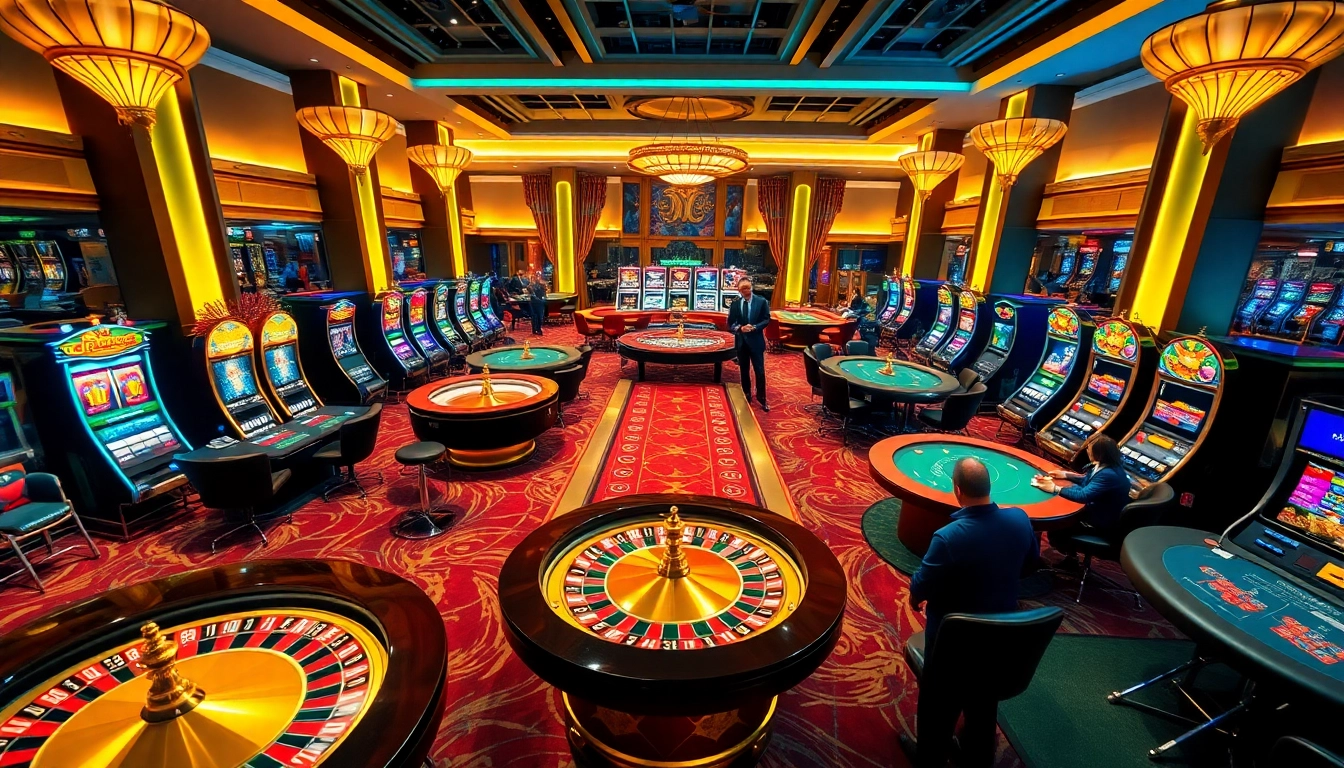 Players enjoying high-stakes games and slot machines at win678 casino, vibrant atmosphere.