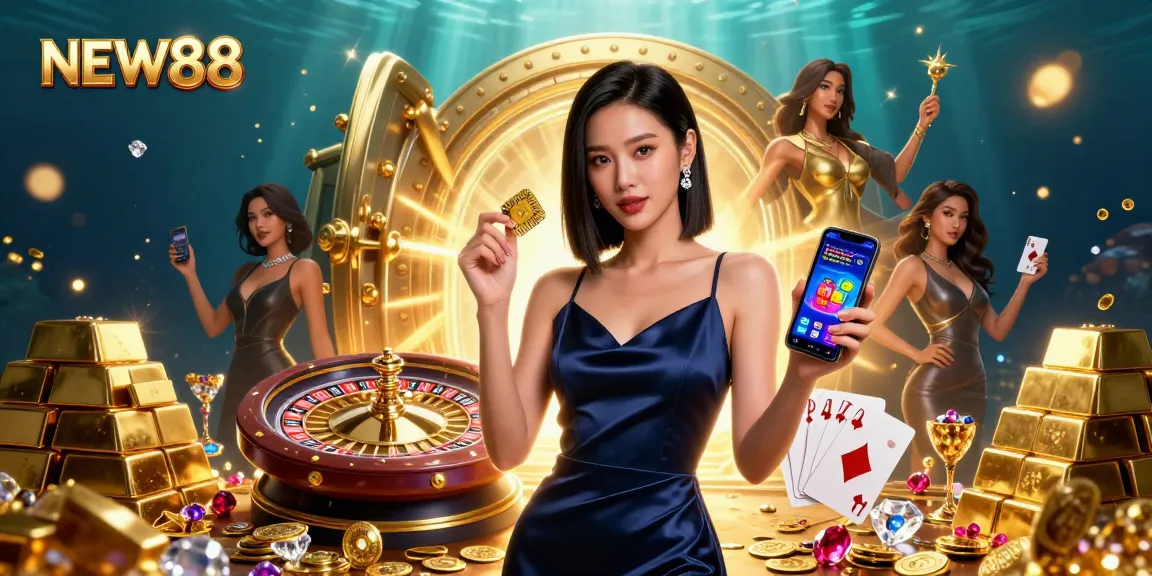 Experience the thrill at NEW88 with a stunning Asian woman confidently engaging in casino gaming.
