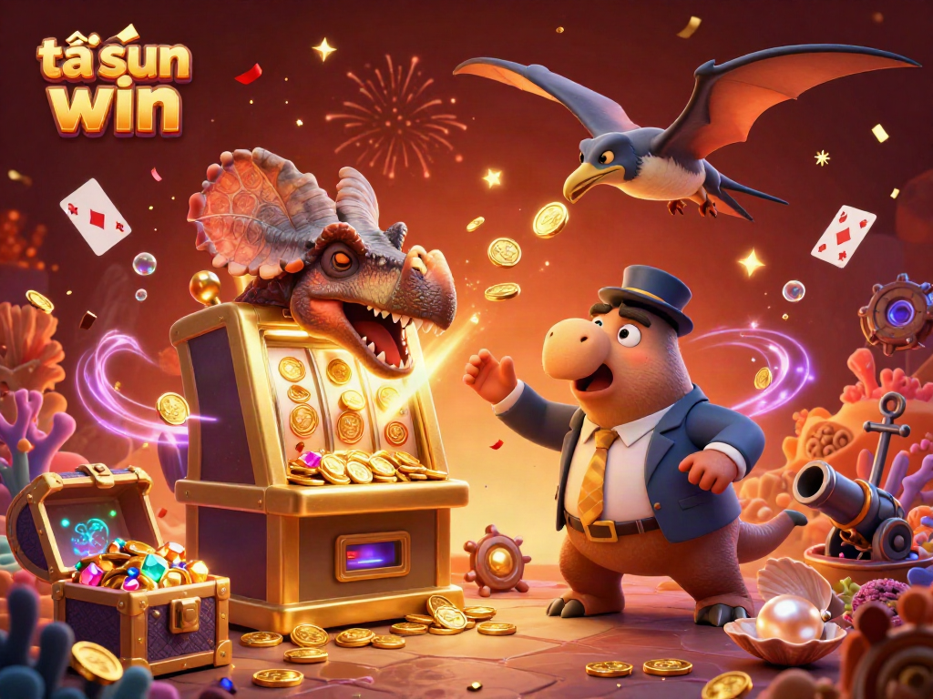 Engaging 3D illustration showcasing tải sun win with a dinosaur and slot machine amidst festive elements.