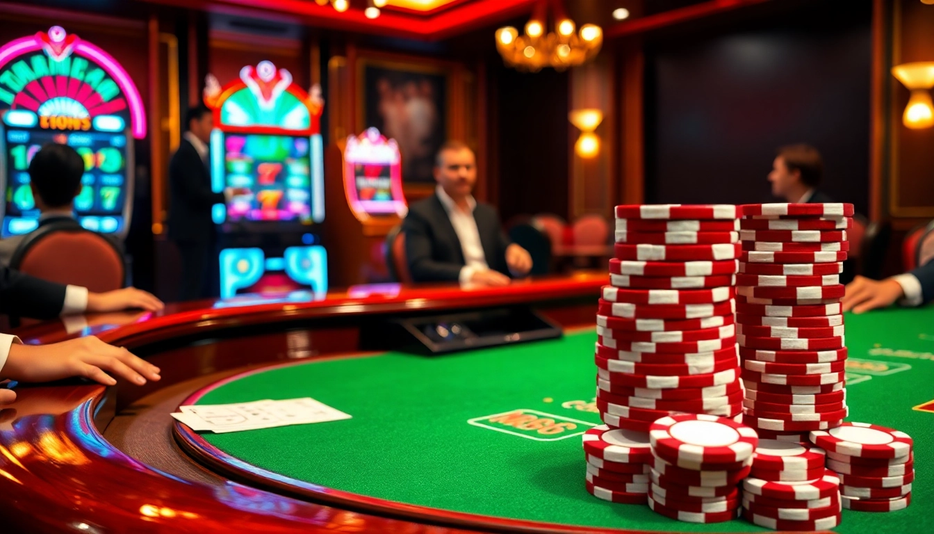 Players engaging at a luxurious blackjack table with MB66 branding in a vibrant casino atmosphere.
