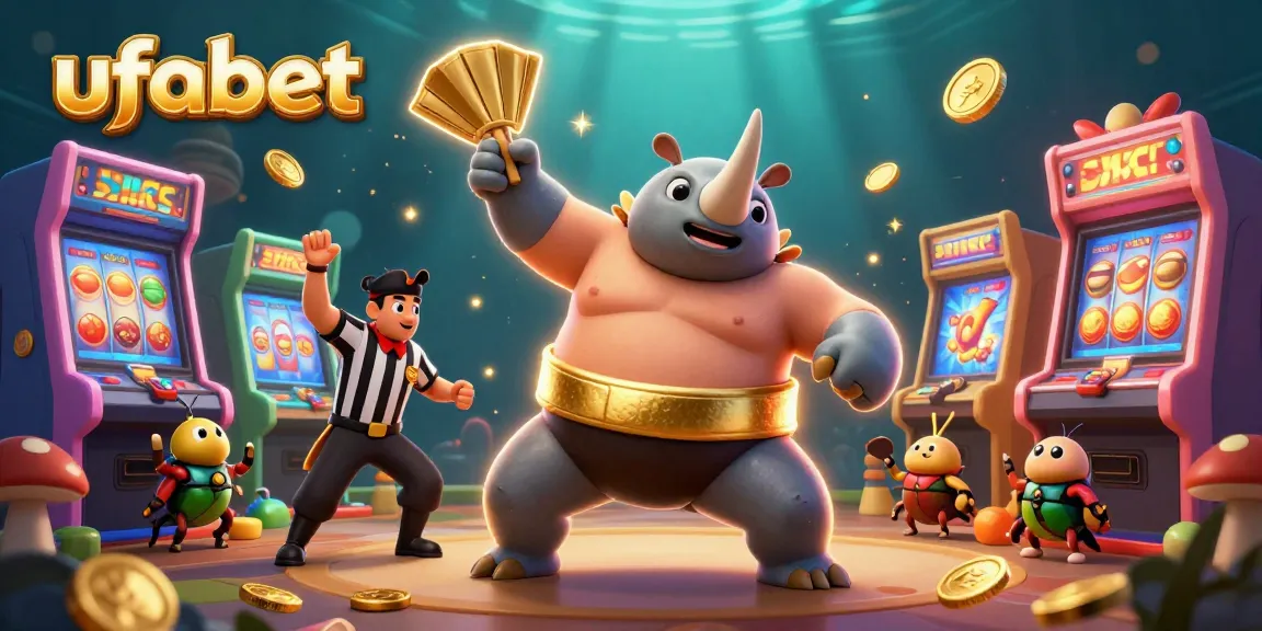 Experience the thrill with ufabet as a sumo beetle champion stomps out golden coins in a vibrant casino.