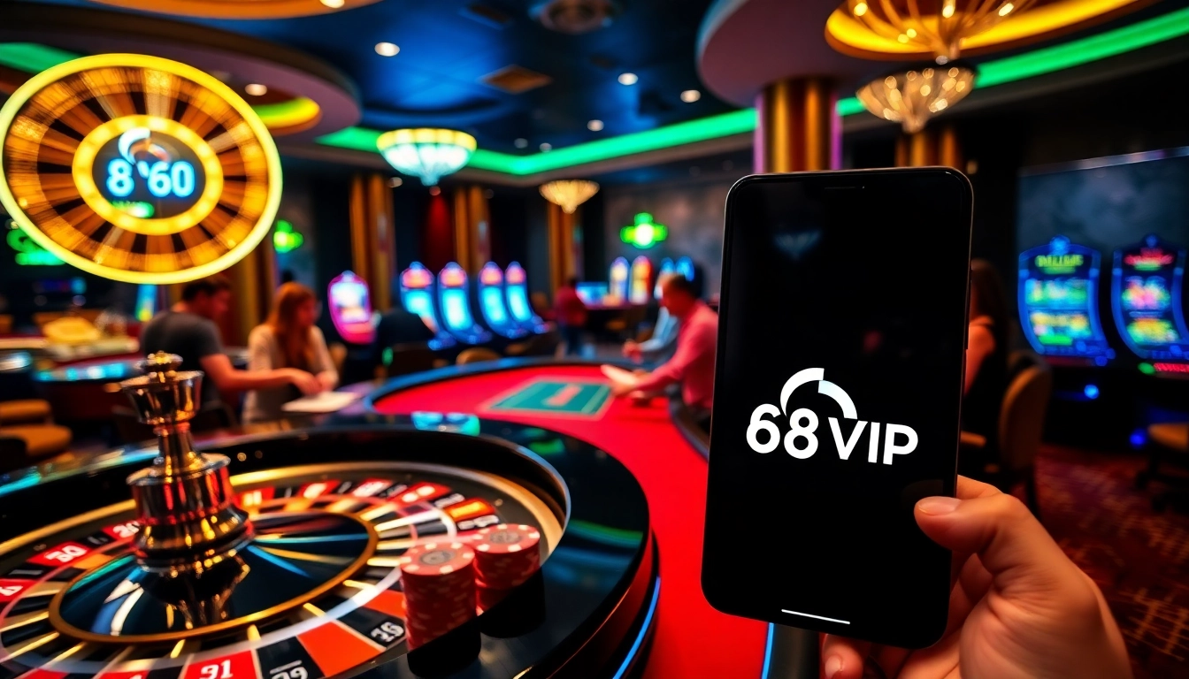 Experience the thrill of gambling at the casino, featuring Link Vào Nhà Cái 68VIP brilliantly displayed on a smartphone.