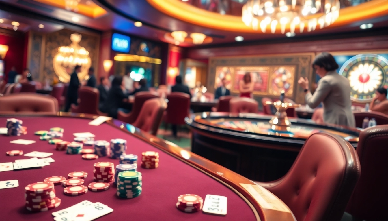 Experience thrilling poker games at FLY88 with vibrant chips, cards, and players.