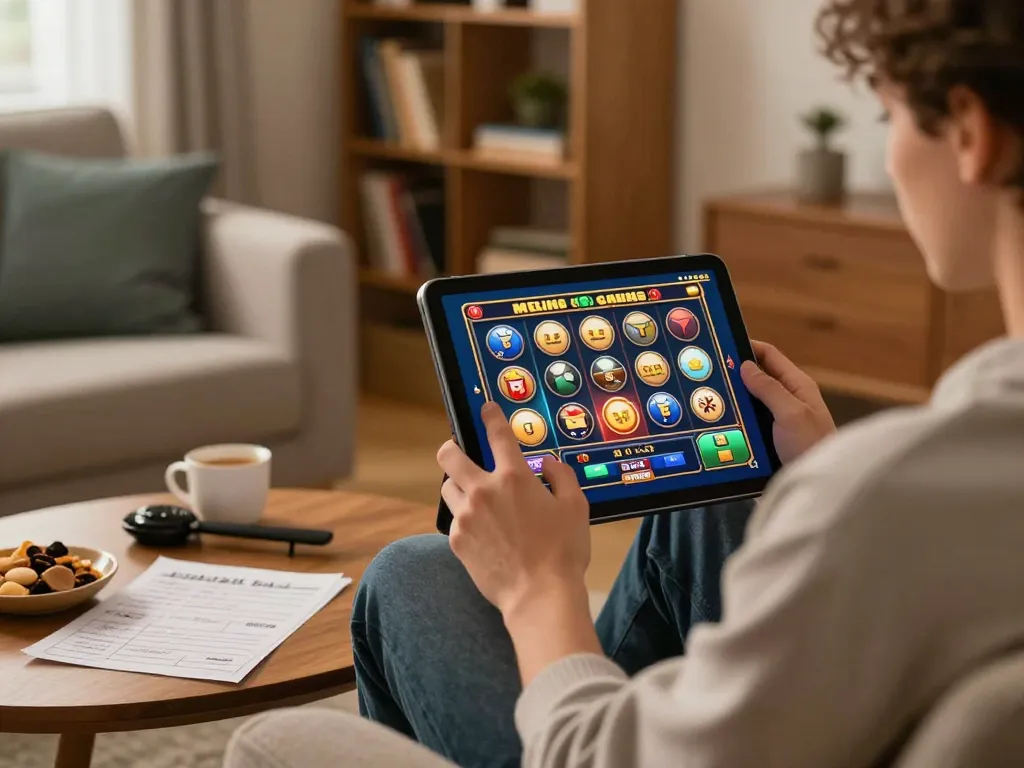 Engaging with mega slot game on tablet in cozy living room