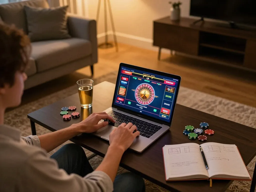 Engaged player at home using online gaming platforms at casinos not on gamstop with roulette displayed.