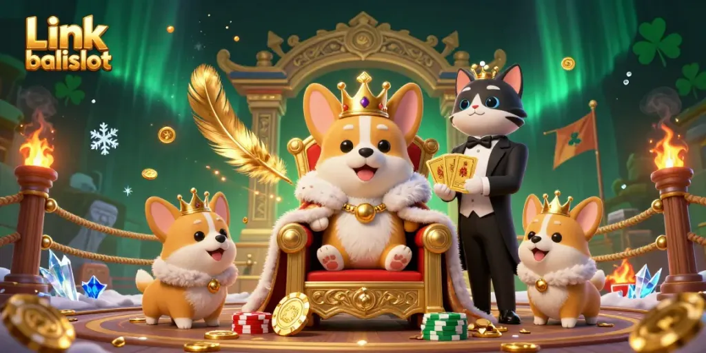 Experience the thrill of Link balislot with a royal corgi and a cat butler in a dynamic casino scene, showcasing golden treasures.
