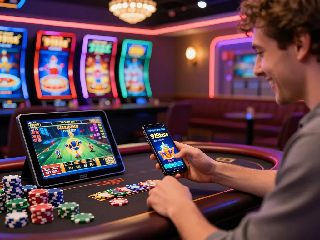 Excited player enjoying free credit 918kiss at modern casino table with vibrant atmosphere.