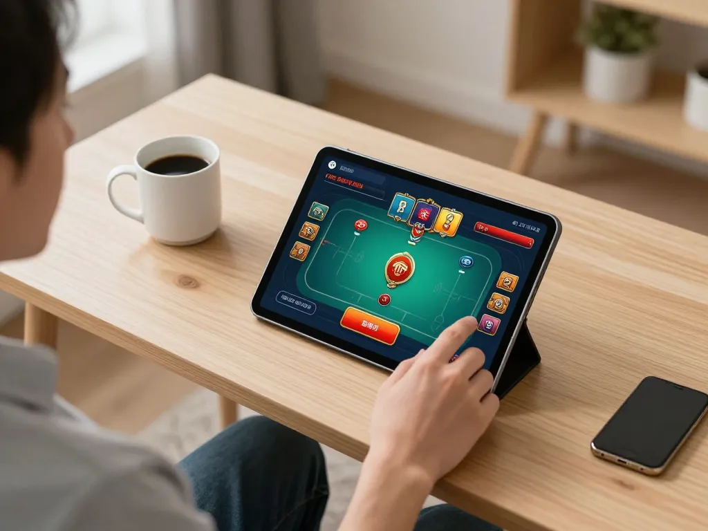Player enjoying gi8 mobile gaming experience on a tablet in a cozy home setting
