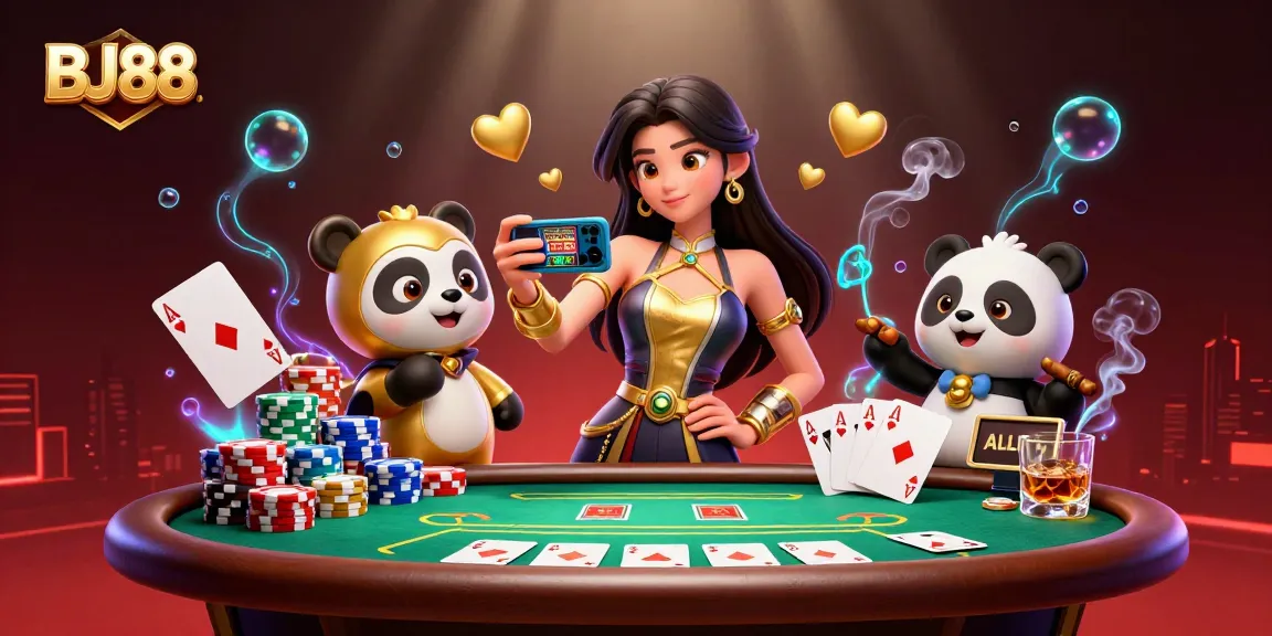 Experience the vibrant world of BJ88 gaming with an elegant woman interacting with casino themes and a golden panda mascot.