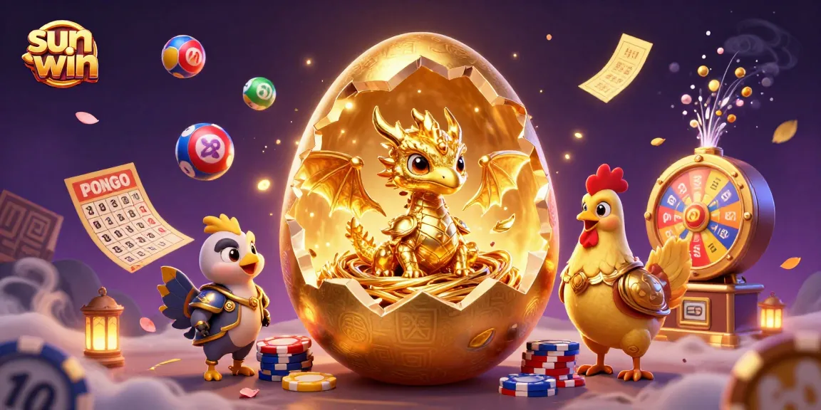 Experience sun-win’s thrilling gaming adventure with a golden dragon on poker chips surrounded by vibrant lottery elements.