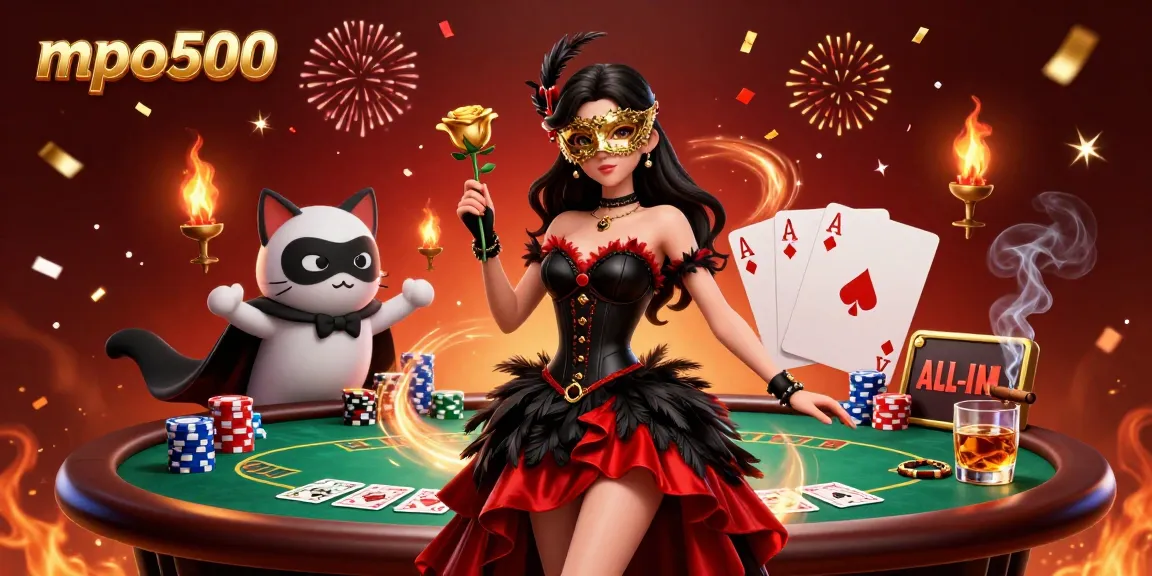 Experience exciting gaming dynamics at mpo500 with a stunning illustration of a poker scene featuring elegant characters and vibrant casino elements.