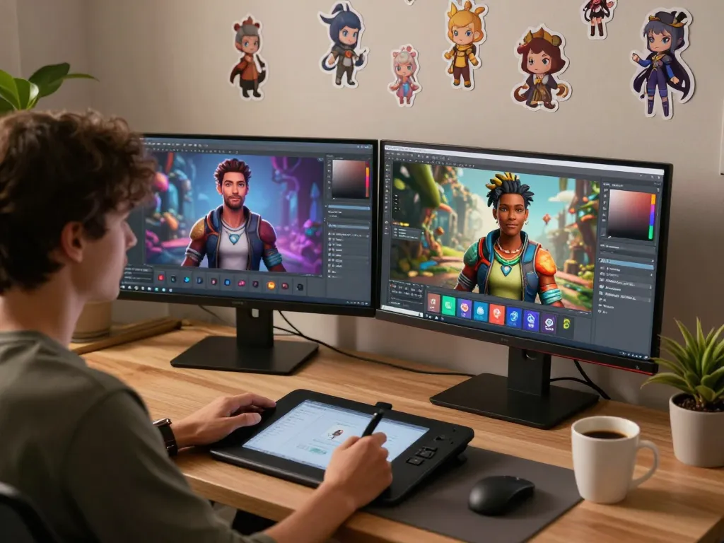 Character design artist creating captivating NSFW AI avatars in a vibrant workspace.
