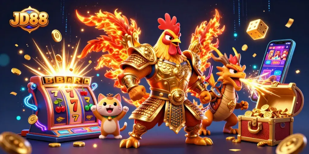 JD88 players enjoy vibrant slot machines, celebrating jackpots and thrilling victories in a dynamic casino atmosphere.