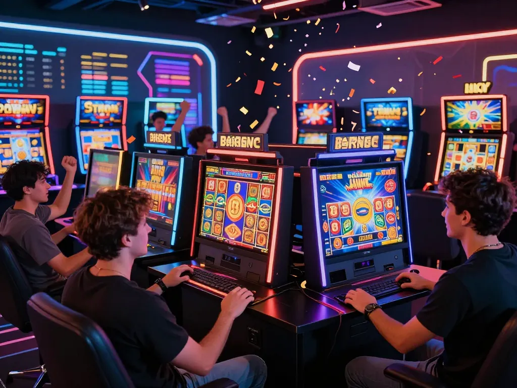 Players enjoying zeus138 online slots with vibrant graphics and festive atmosphere in a modern digital gaming environment.