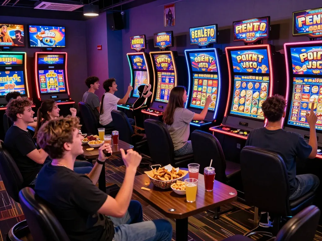 A group celebrating their wins while playing toto slot games in a vibrant gaming lounge.