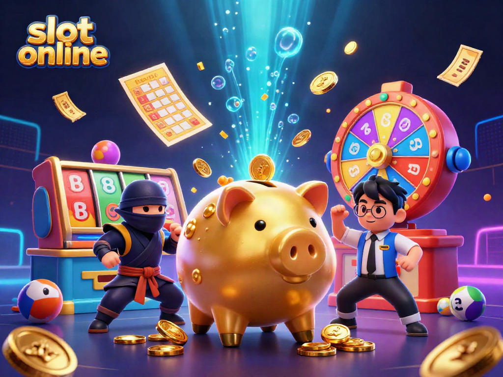 Permainan slot online yang menarik dengan celengan sumo, dompet ninja, dan kartu samurai di tengah koin emas yang berhamburan.
