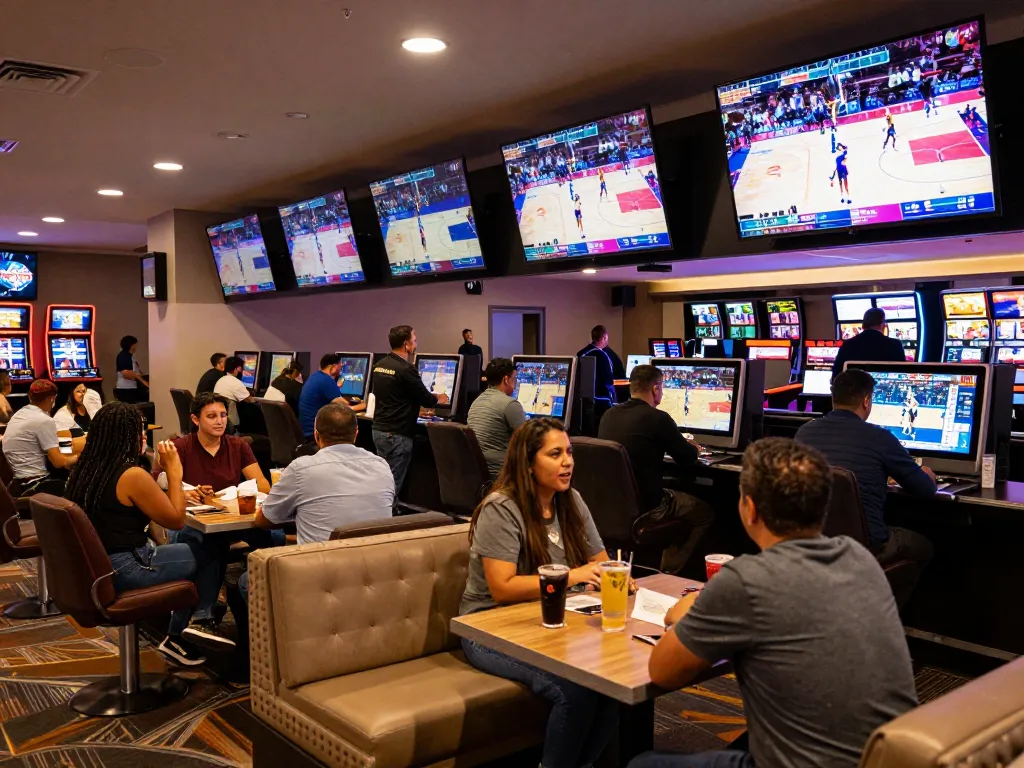 gbong sports bettors placing wagers in a lively casino lounge atmosphere.