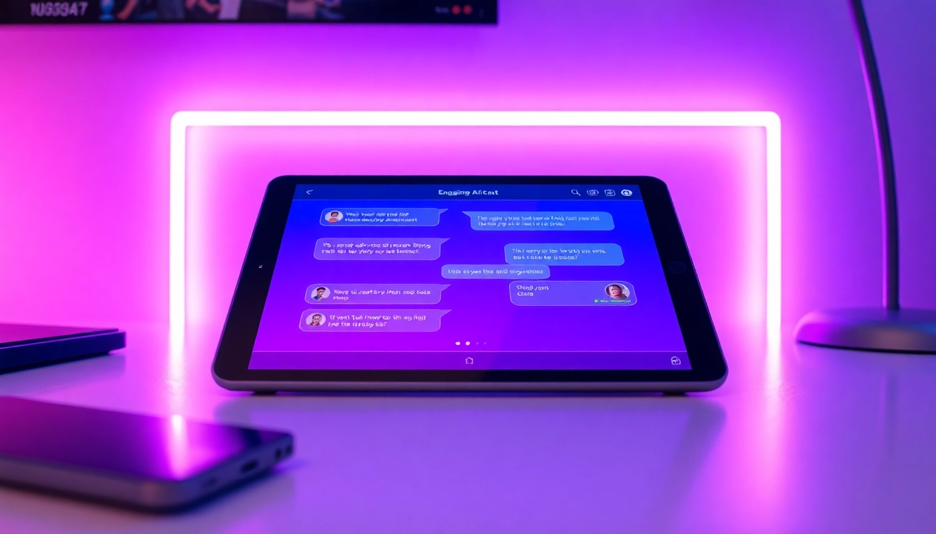 Explore engaging porn ai chat interactions on a modern tablet surrounded by a sleek, neon-lit environment.