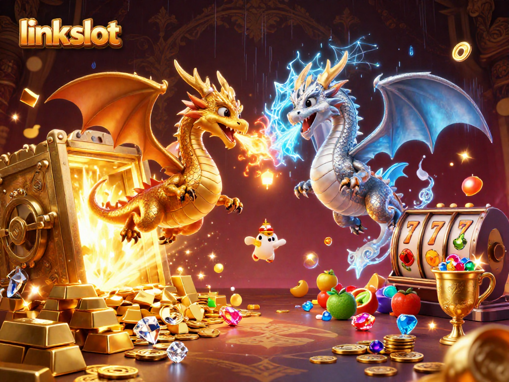Experience thrilling wins with link slot in this vibrant 3D casino artwork featuring dragons and slot reels.