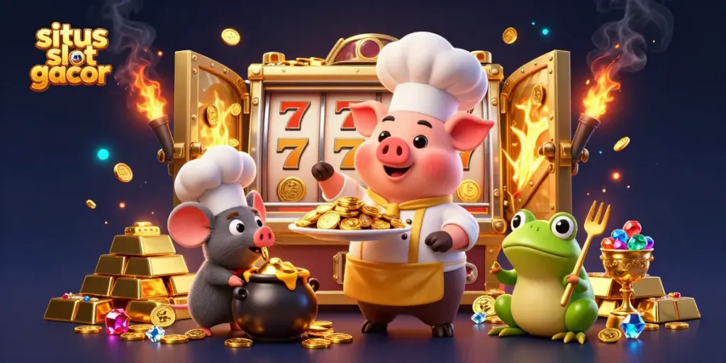 Slot gacor situs menampilkan koki kartun dan karakter menghadapi tumpukan kekayaan berkilau.
