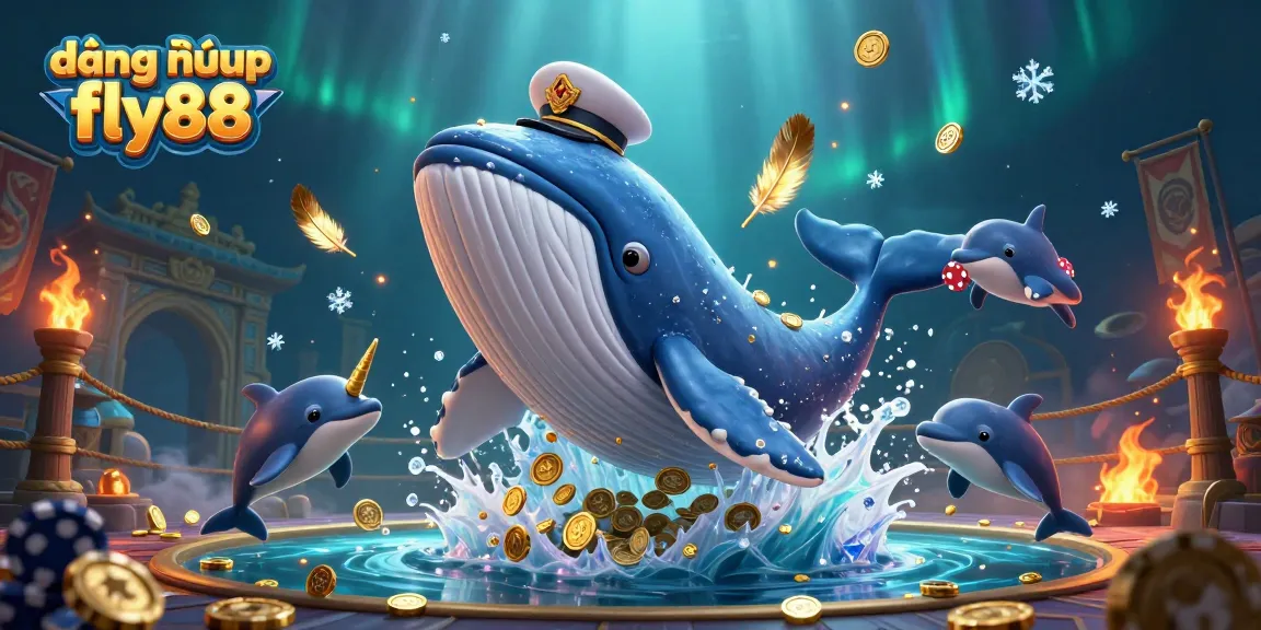 Engage with the vibrant world of đăng nhập fly88, featuring a whimsical whale and playful dolphins amidst coins.