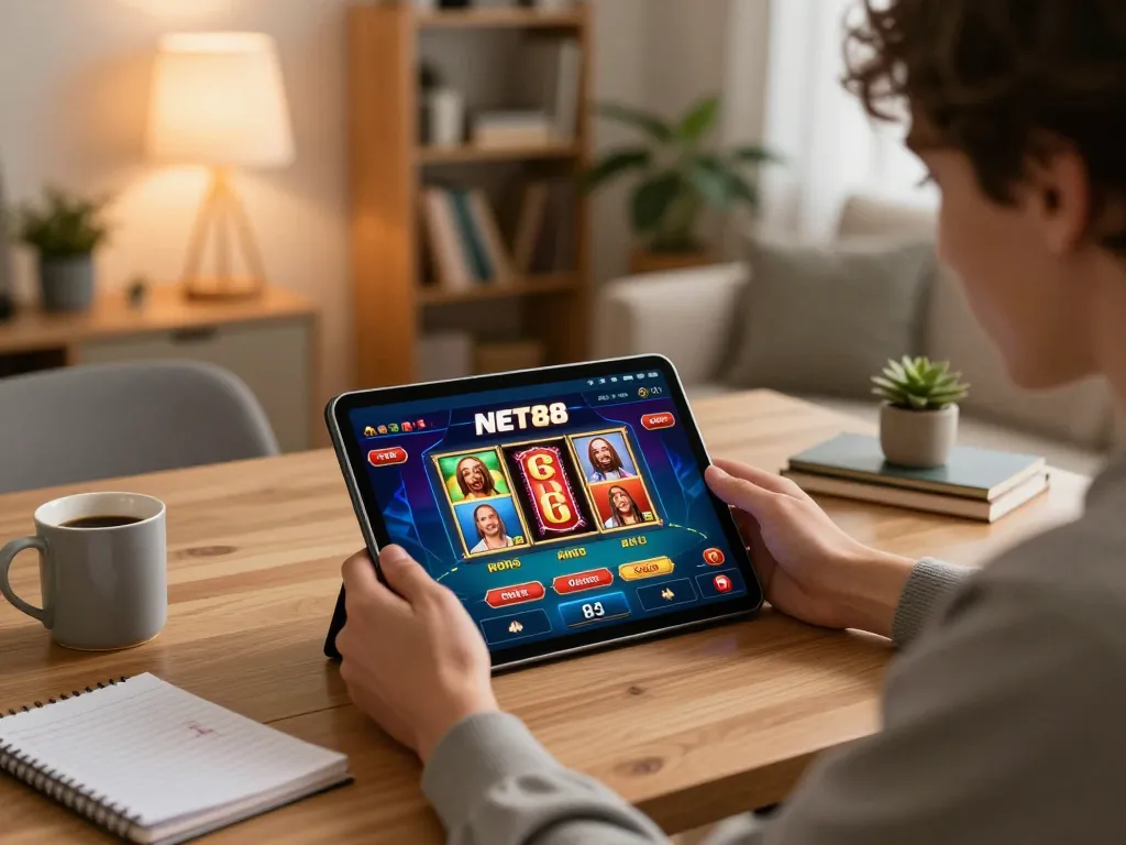 Engaged player using the NET88 app on a tablet in a cozy home setup, showcasing online gambling.