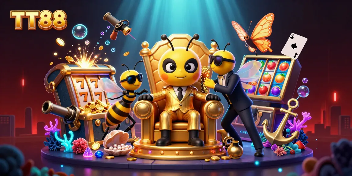 Experience exciting gaming with TT88 in a vibrant 3D casino scene filled with treasures and action.