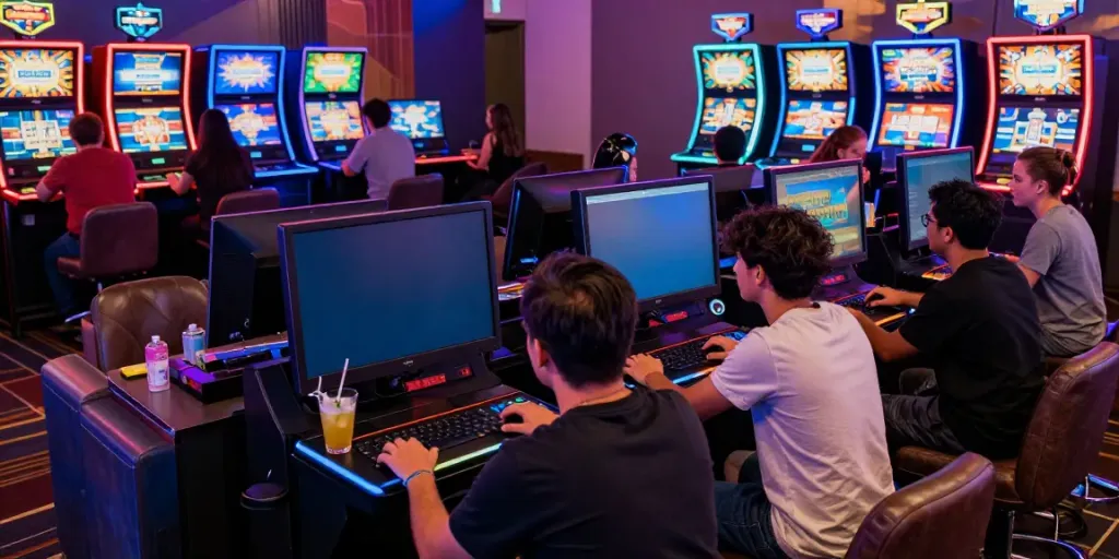 Engaging SLOT TOTO online gaming scene with diverse players at virtual slot machines.