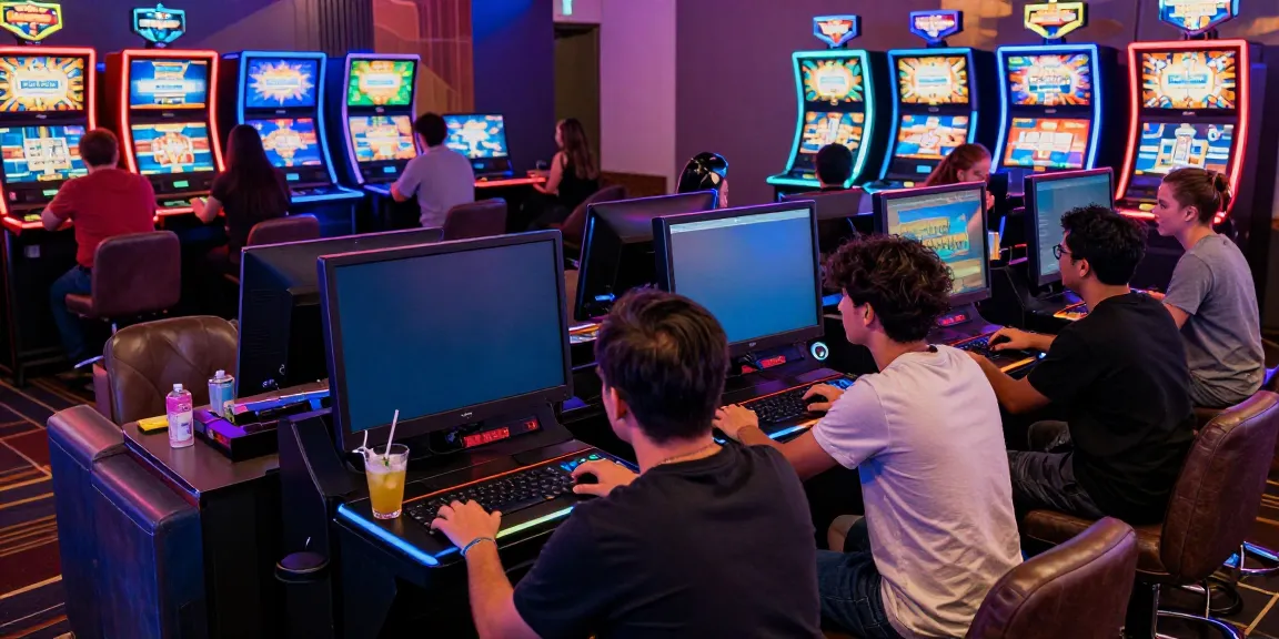 Engaging SLOT TOTO online gaming scene with diverse players at virtual slot machines.