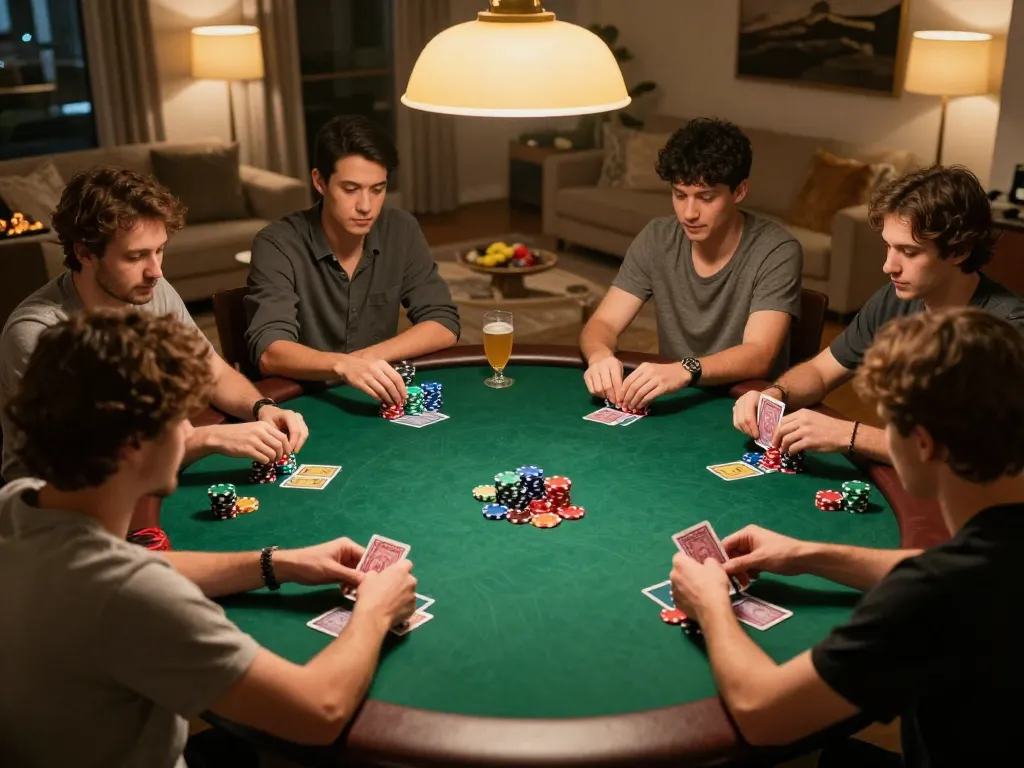 Engaged players in a home poker game showcasing Canadian online casinos excitement, chips and cards in action.