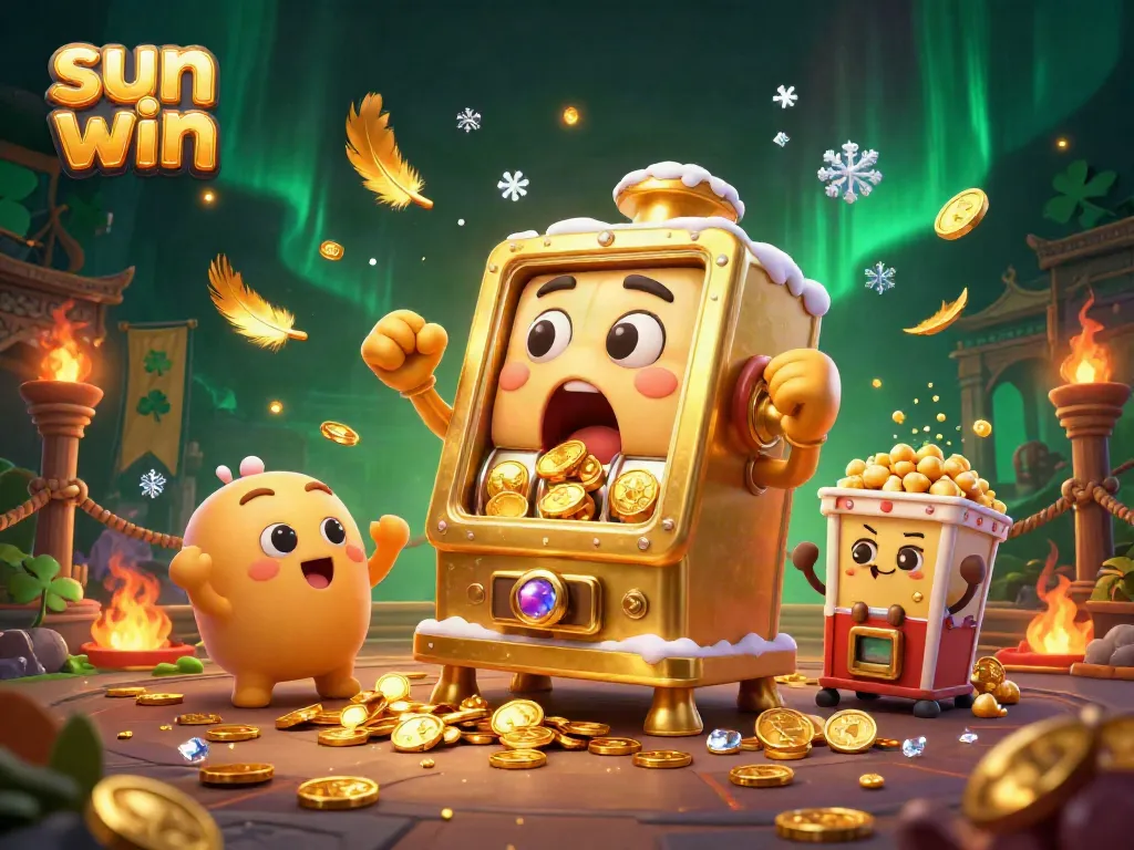 Experience thrilling wins with the sun win slot machine surrounded by coins and cheering characters.