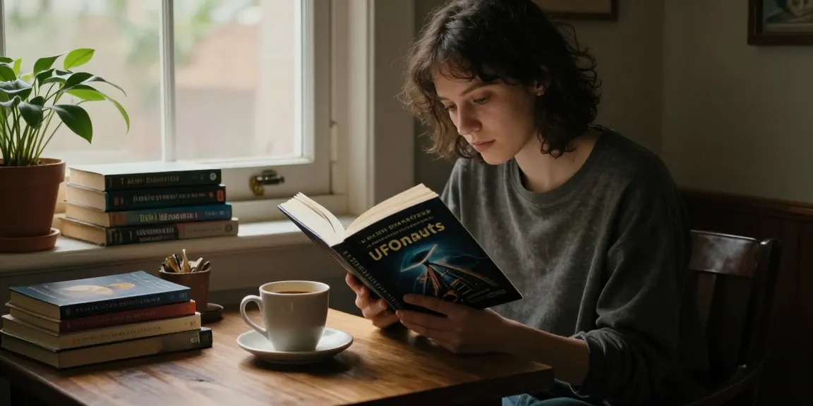 Exploring T Allen Greenfield's "UFOnauts" at https://tallengreenfield.com in a cozy reading nook.