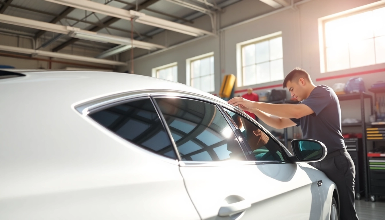Apply auto window tint near me with a skilled technician in a well-lit garage, showcasing expert craftsmanship.