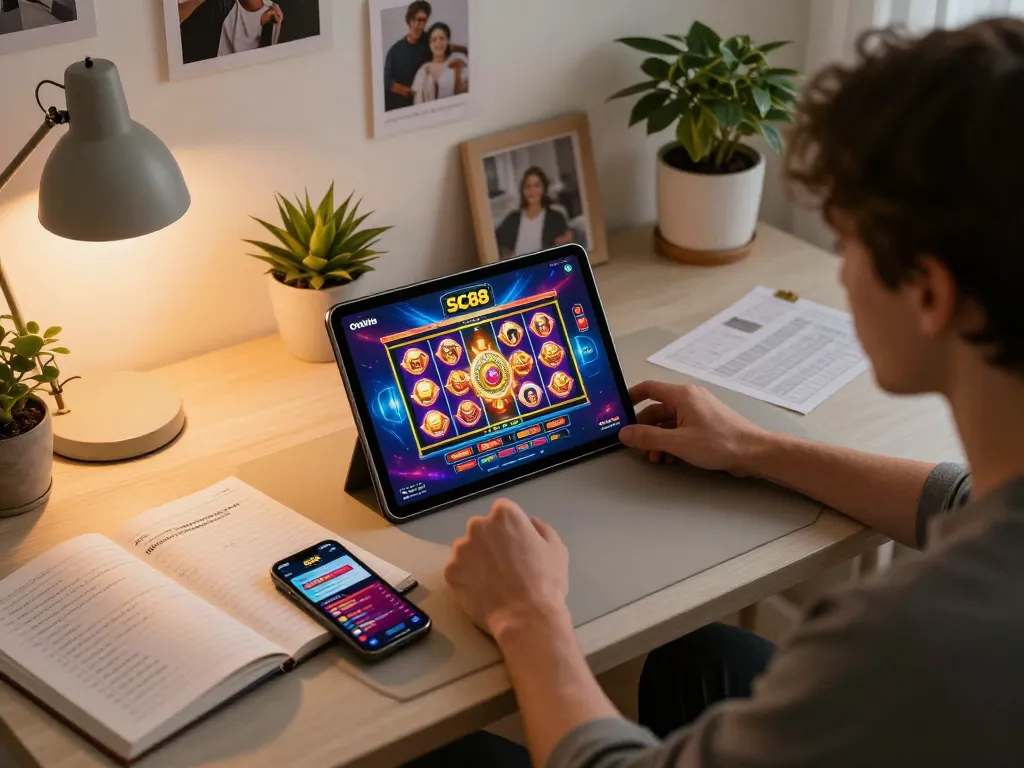Engaging online gaming session featuring SC88 slot interface on tablet, cozy home environment.