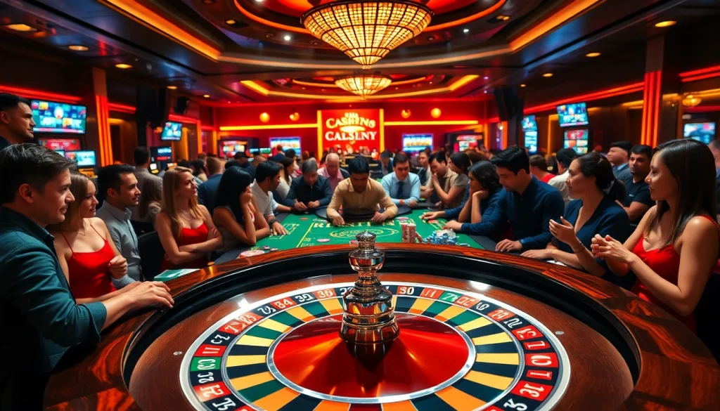 Players enjoying a thrilling Casino experience at a roulette table filled with colorful chips.