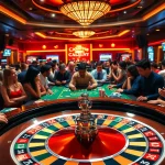 Players enjoying a thrilling Casino experience at a roulette table filled with colorful chips.
