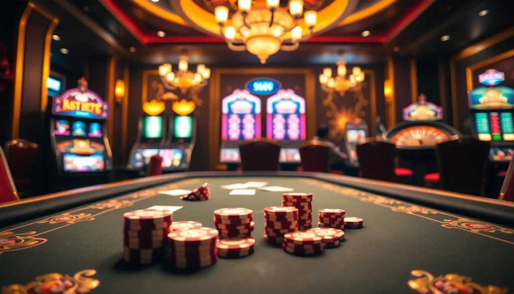 Gaming excitement at https://xx88.now/ with bright casino tables and vibrant poker chips.