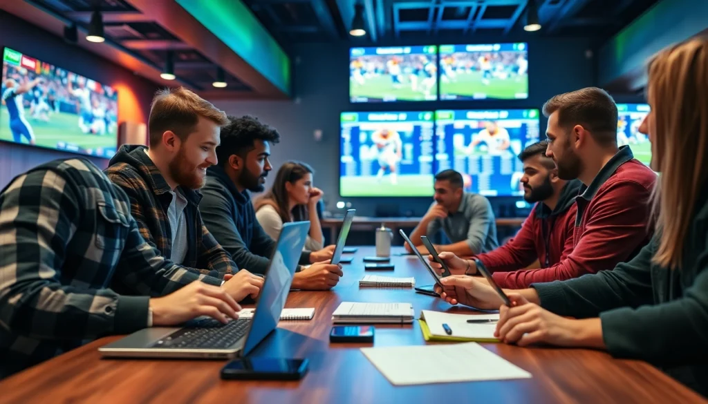 Engaging scene of online Betting enthusiasts analyzing sports odds and statistics.