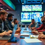 Engaging scene of online Betting enthusiasts analyzing sports odds and statistics.