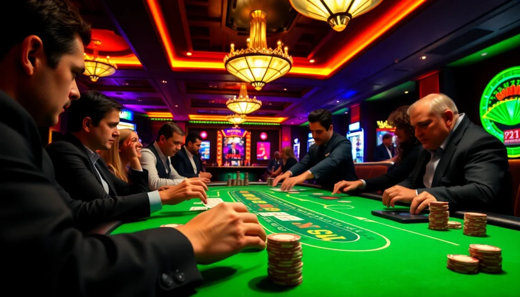 Experience the thrill of blackjack casino gameplay with focused players and an engaging dealer.