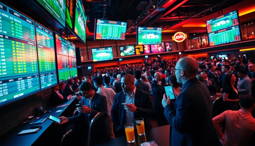 Engaged bettors analyzing Sports Betting odds in a vibrant sportsbook environment.
