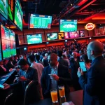 Engaged bettors analyzing Sports Betting odds in a vibrant sportsbook environment.