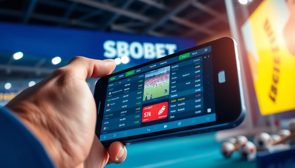 Taruhan SBOBET yang menarik di smartphone modern dengan elemen olahraga.