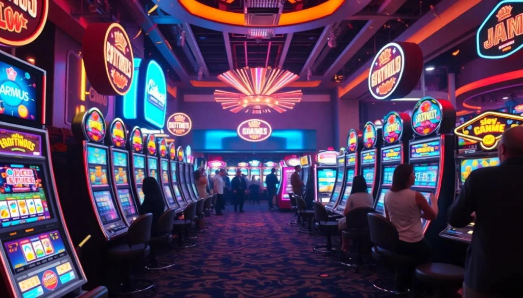 Menangkan Slot Game dengan mesin berwarna-warni di kasino yang ramai.