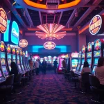 Menangkan Slot Game dengan mesin berwarna-warni di kasino yang ramai.