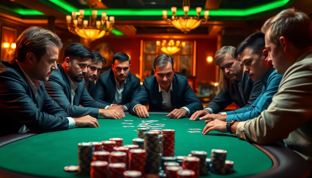 Exciting Poker Game with players at a table demonstrating intense strategy and focus.