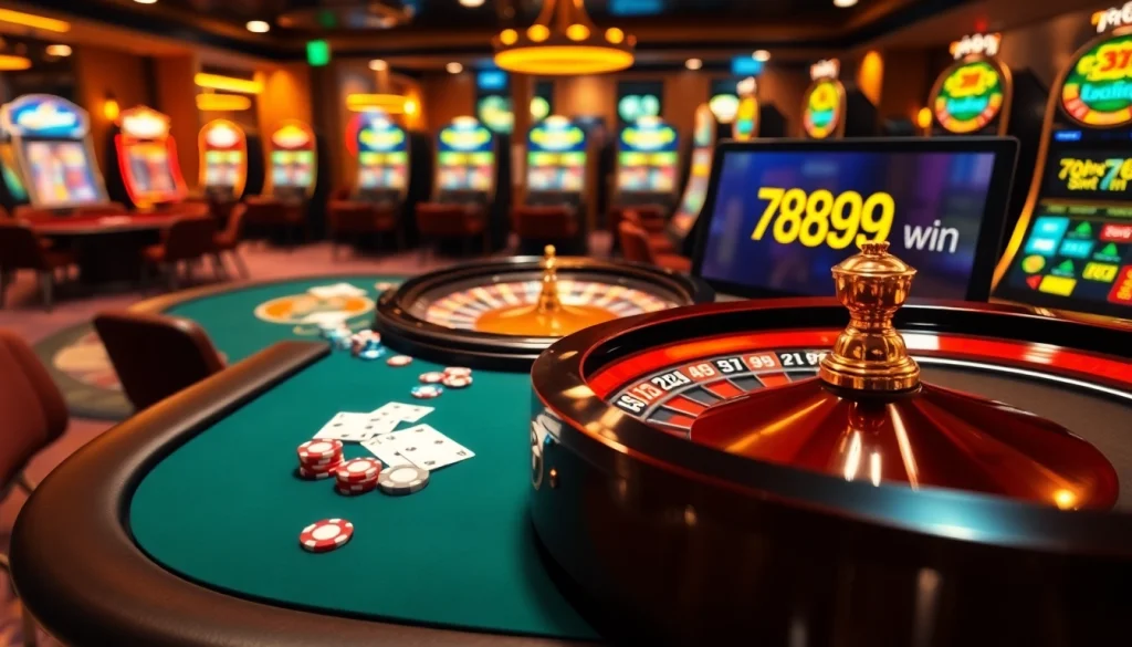 Gambling scene showcasing 789win with poker chips, roulette wheel, and vibrant slot machines.