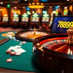 Gambling scene showcasing 789win with poker chips, roulette wheel, and vibrant slot machines.