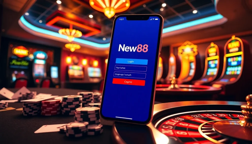 Engaging scene showing New88 login experience with vibrant casino elements and modern gambling setup.