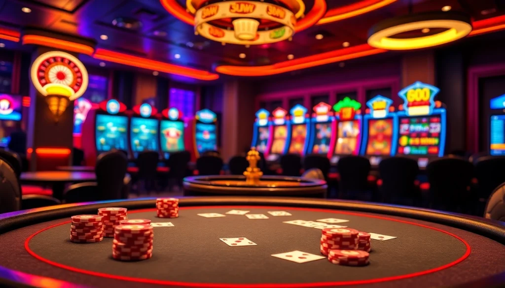 Engage with 98win casino experience featuring poker tables and roulette wheels.